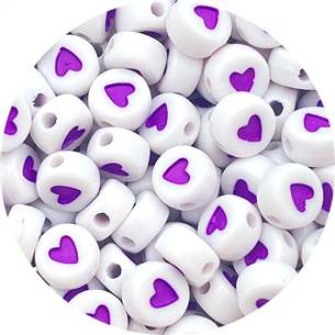 Koraliki z fioletowym sercem / akrylowe / biały /  7x3.5mm / 50szt-12435