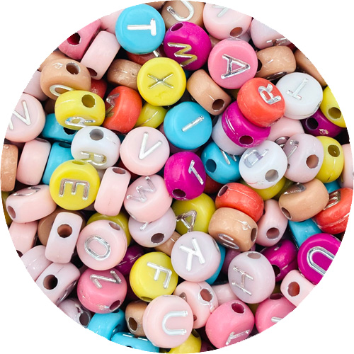 MIX koraliki okrągłe literki srebrne / akrylowe / multikolor/ 7x4mm / 6,1g / 50szt-12357