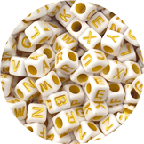 MIX literki złoty napis / akrylowe / białe / 6mm / 7,3g / 50szt