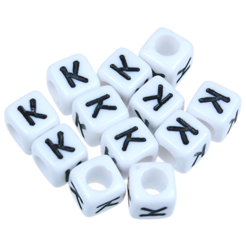 Koraliki modułowe literki alfabet litera K / akrylowe / biały, literka czarna / 6x6mm / 20szt-7481