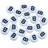 Koraliki okrągłe literki alfabet litera B / akrylowe / biały, literka czarna / 7x4mm / 20szt