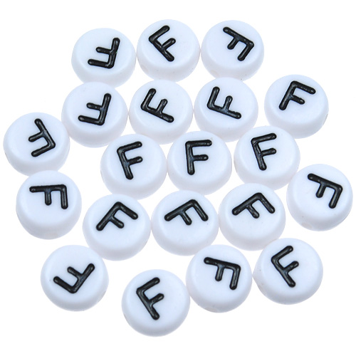 Koraliki okrągłe literki alfabet litera F / akrylowe / biały, literka czarna / 7x4mm / 20szt-9856