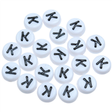 Koraliki okrągłe literki alfabet litera K / akrylowe / biały, literka czarna / 7x4mm / 20szt