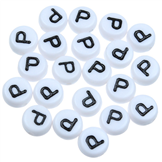 Koraliki okrągłe literki alfabet litera P / akrylowe / biały, literka czarna / 7x4mm / 20szt