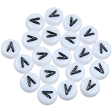 Koraliki okrągłe literki alfabet litera V / akrylowe / biały, literka czarna / 7x4mm / 20szt