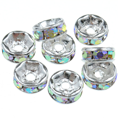 Przekładki z cyrkoniami / metal, cyrkonie / crystal ab, białe / 6x3mm / 10szt-8499