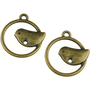 Zawieszka okrągła ptaszek / stop metalu / brązowy / 22x20mm / 2szt-11453