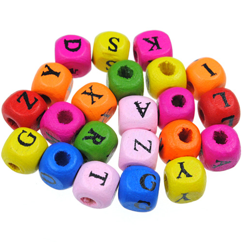 Miks koraliki literki alfabet / drewniane / multikolor / 8x8mm / 50szt-12910