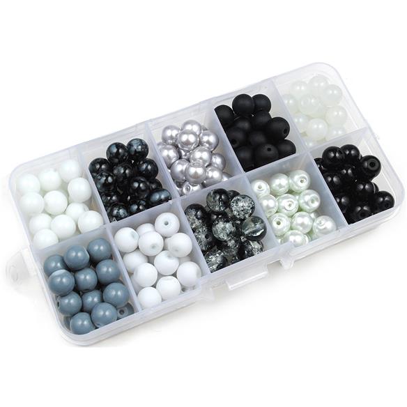 Zestaw do robienia bransoletek z koralików szklanych / biało-czarny / 125x65mm-8895