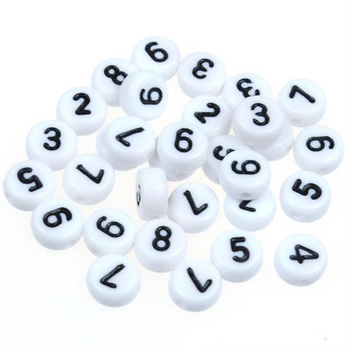 MIX koraliki cyferki / akrylowe / białe / 7x4mm / 12,3g / 100szt-12646