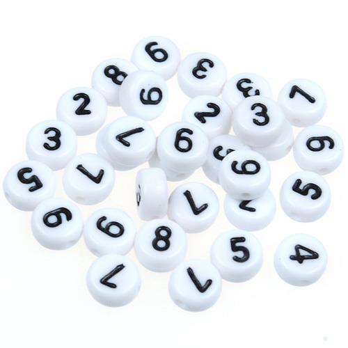 MIX koraliki cyferki / akrylowe / białe / 7x4mm / 12,3g / 100szt-12646