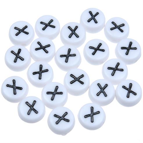 Koraliki okrągłe literki alfabet litera X / akrylowe / biały, literka czarna / 7x4mm / 20szt-9874