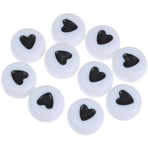 Koraliki z czarnym sercem serduszko / akrylowe / biały / 7x3.5mm / 5.6g / 50szt-12670