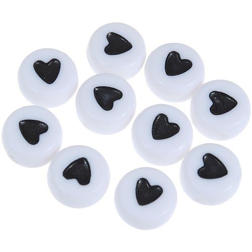 Koraliki z czarnym sercem serduszko / akrylowe / biały / 7x3.5mm / 5.6g / 50szt-12670