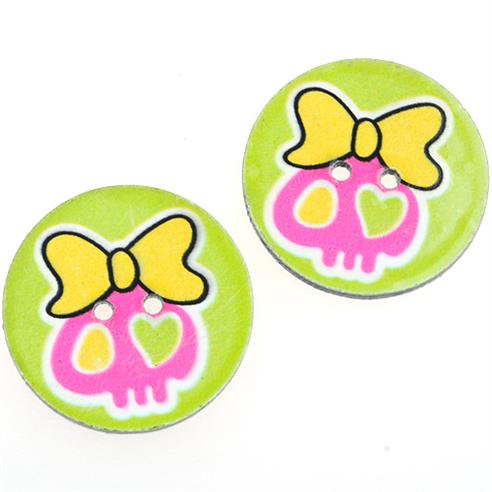 Guziki okrągłe guziczki zielone czaszka z kokardką 25mm / 5szt-9779