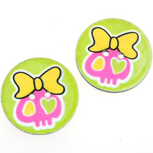 Guziki okrągłe guziczki zielone czaszka z kokardką 25mm / 5szt-9779