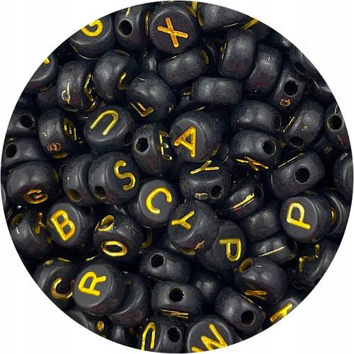 MIX koraliki okrągłe literki złoty napis / akrylowe / czarne / 7mm / 12.6g / 100szt-12427