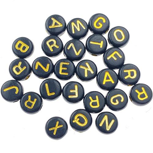 MIX koraliki okrągłe literki złoty napis / akrylowe / czarne / 7mm / 12.6g / 100szt-12648