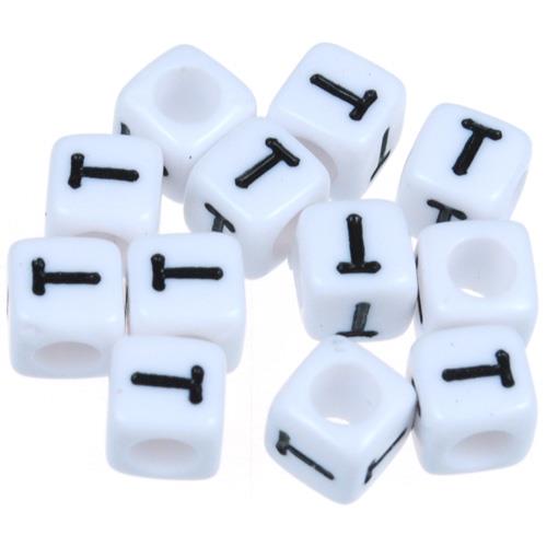 Koraliki modułowe literki alfabet litera T / akrylowe / biały, literka czarna / 6x6mm / 20szt-7490