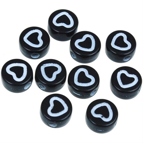 Koraliki pastylki z sercem okrągłe / akrylowe / czarne / 7x3.5mm / 5,8g / 50szt-12663