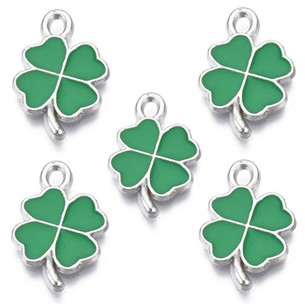 Zawieszka emaliowana koniczynka / metalowa / srebrna / zielona / 18mm / 5szt-13428