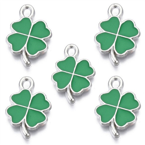 Zawieszka emaliowana koniczynka / metalowa / srebrna / zielona / 18mm / 5szt-13428