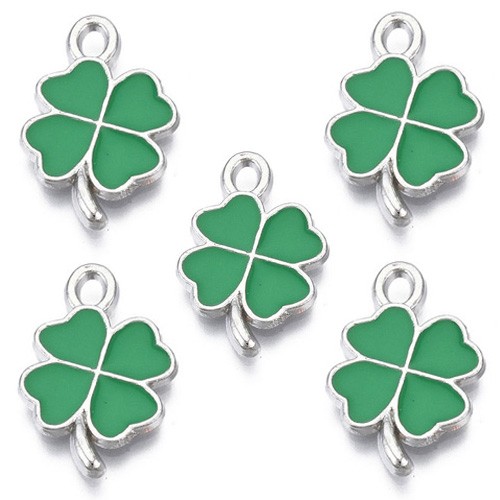 Zawieszka emaliowana koniczynka / metalowa / srebrna / zielona / 18mm / 5szt-13428