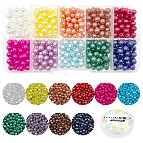 Zestaw koraliki perełki perły akryl 6mm gumka do bransoletek 600szt-13625