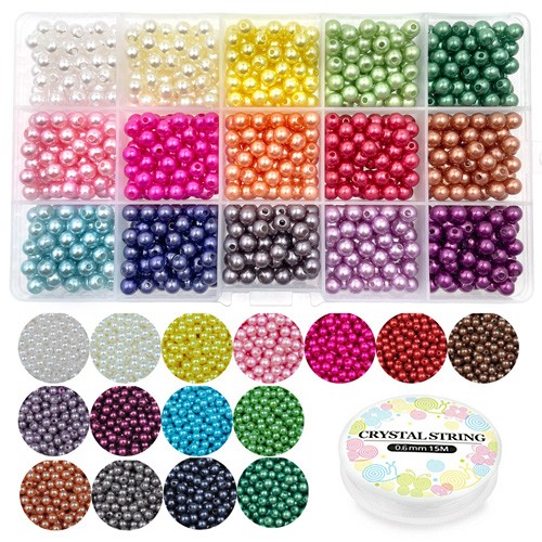 Zestaw koraliki perełki perły akryl 6mm gumka do bransoletek 1200szt-13621