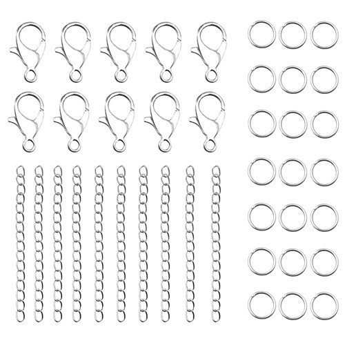 Zestaw zapięcia karabińczyki ogniwka kółeczka łańcuszek przedłużka srebrne 40szt-13629