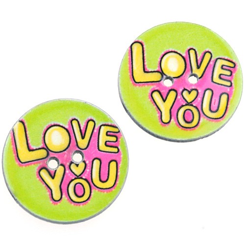 Guziki okrągłe guziczki zielone zdobione love you 25mm / 5szt-9768