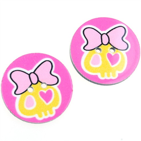 Guziki okrągłe guziczki różowe czaszka z kokardką 25mm / 5szt-9780