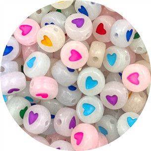 Mix koraliki okrągłe z sercem świecące w ciemności / akrylowe / 7x4mm / 6.8g / 50szt-13150