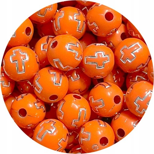 Koraliki kulki zdobione z krzyżykiem akrylowe krzyż pomarańczowe 8mm 50szt-6981