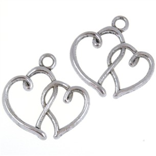Zawieszka dwa serca serduszka metalowa antyczna srebrna 20x19x2mm 10szt-6476