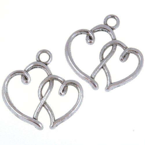 Zawieszka dwa serca serduszka metalowa antyczna srebrna 20x19x2mm 10szt-6476